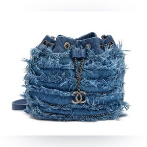 CHANEL Blue Fringed Denim Drawstring Bucket Shoulder Bag